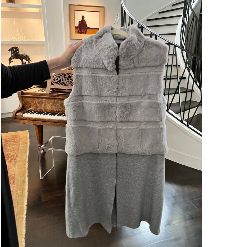 LT Love Token Women's Long Rabbit Fur Vest Jacket Coat Gray Blue Large